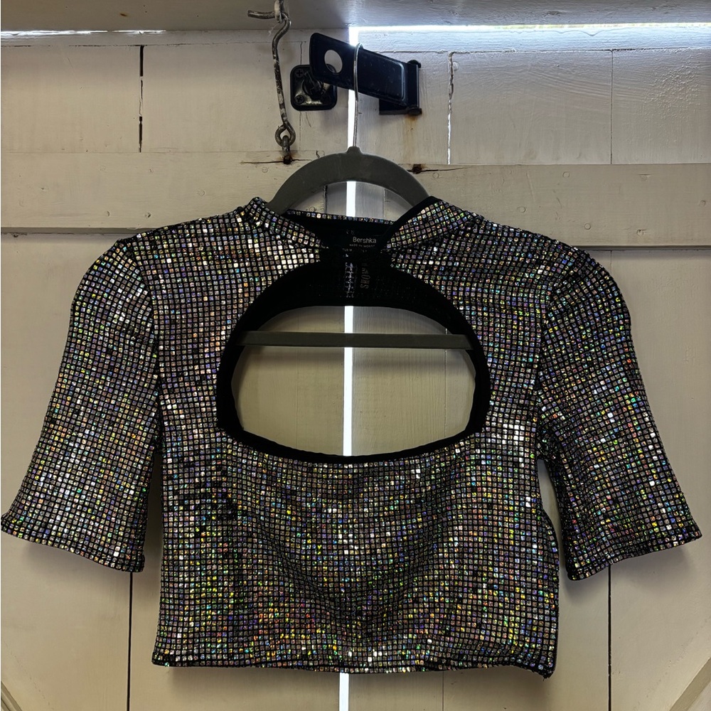 Boohoo Black Sequin Cutout Crop Top